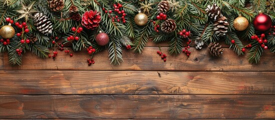 Canvas Print - Festive Christmas and New Year s background featuring beautiful decorations on a wooden backdrop with copy space image