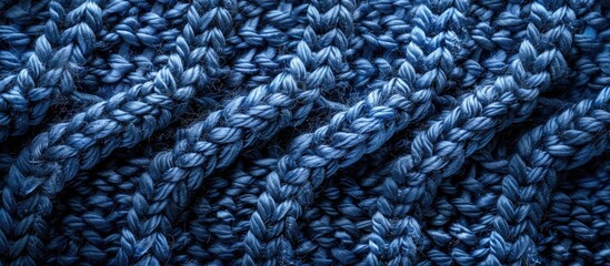 Poster - Horizontal blue indigo knitted wool texture background pattern with selective focus and copy space image in a top view