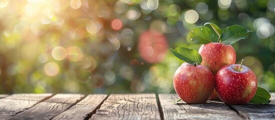 Poster - Summer themed copy space image featuring apples on a rustic wooden table with a blurry bokeh background