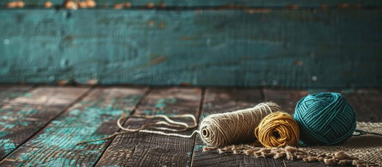 Poster - Table with yarn ball thread roll and copy space image for text