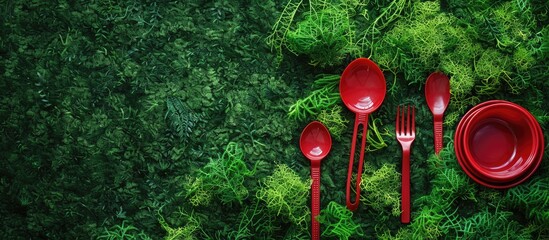 Poster - Red plastic tableware placed on green grass with a moss background in a top view setting urging the ban of single use plastic with copy space for an image