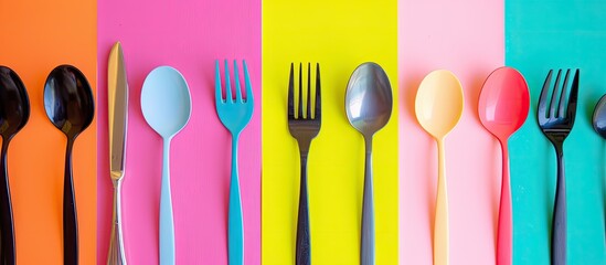 Aufkleber - Various types of cutlery arranged on a colorful background with room for a caption in a copy space image