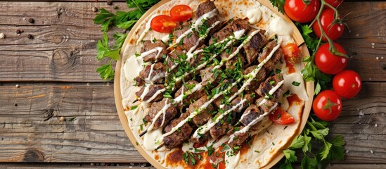 Wall Mural - Traditional Turkish and Arabic Ramadan beef gyro kebab with melted cheese on a tortilla served on a bamboo plate with tomatoes and parsley on a rustic wood backdrop Includes copy space image