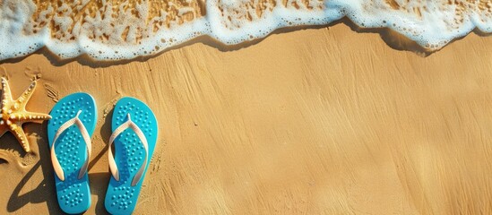 Poster - Vacation themed copy space image with flip flops on a summer beach background