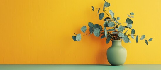 Poster - A vase with eucalyptus placed on a green table beside a yellow wall with copy space image