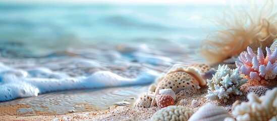 Fototapete - Seaside scene featuring coral rocks and sand on the beach against a copy space image