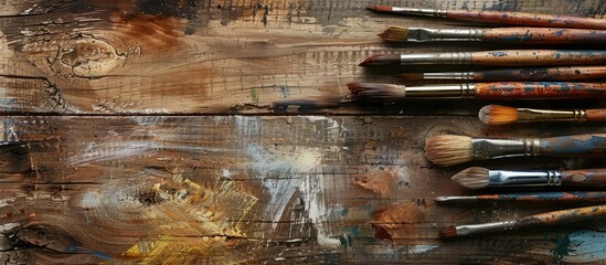 Aufkleber - Wooden background with a gestalt palette of brushes and ample copy space image