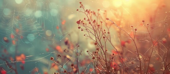 Poster - Vintage retro autumn abstract background featuring dry plants at sunrise with a spider web providing ample copy space image