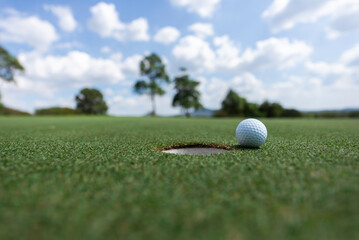 Green grass and woods on a golf field. View of Golf Course with beautiful putting green. Golf course with a rich green turf beautiful scenery.