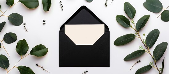 Poster - Invitation card in gold with a black envelope on a white background adorned with green branches in a copy space image