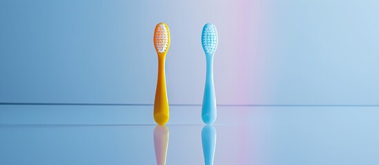 Aufkleber - Two toothbrushes in different colors on a white surface with a reflection perfect for adding text or other elements in the copy space image