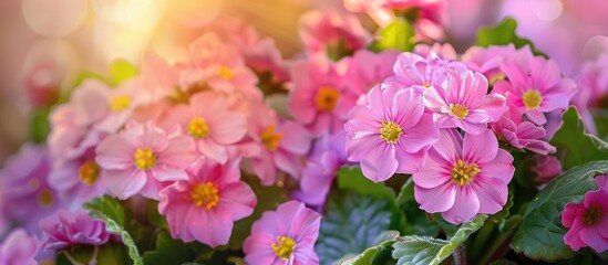 Poster - Gorgeous primula blossoms bloom in the garden creating a stunning display against a background of copy space image