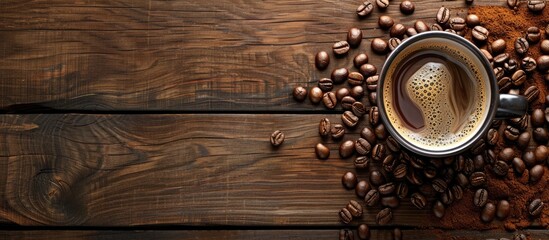 Aufkleber - Flatlay view of coffee beans and milk coffee in cup on wooden bricks backdrop with copy space image