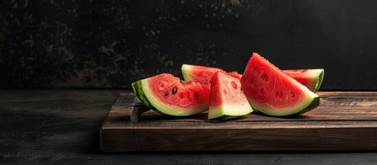 Wall Mural - Watermelon pieces on a wooden board half a watermelon in the background black background horizontal orientation with available copy space image