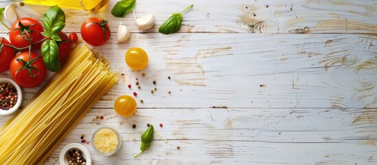 Poster - Italian recipe spaghetti made from fresh organic ingredients displayed on a white wooden table background with a top view featuring copy space image