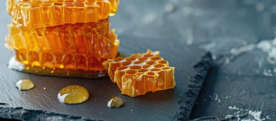 Aufkleber - Honey drizzled over honeycomb on a slate board with room for a copy space image