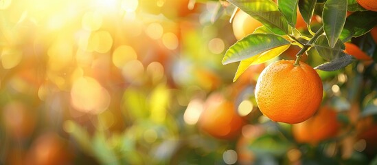 Poster - A vibrant tangerine orange hanging on a tree in an orchard with a sunlit background creating a captivating copy space image