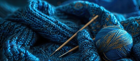 Poster - Traditional hobby image showing a lovely blue knitted fabric with metallic threads yarn ball and knitting needles as a backdrop embodying female needlework with copy space