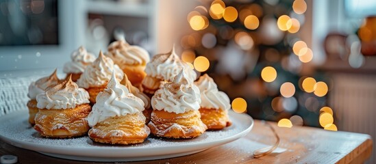Poster - Holiday vibes captured in a modern kitchen setting with a delectable display of homemade profiteroles with cream on a table perfect for a copy space image