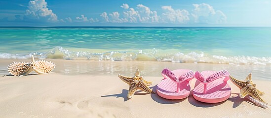 Poster - Summer vacation concept with pink flip flops starfish and a serene white sandy beach background ideal for a copy space image