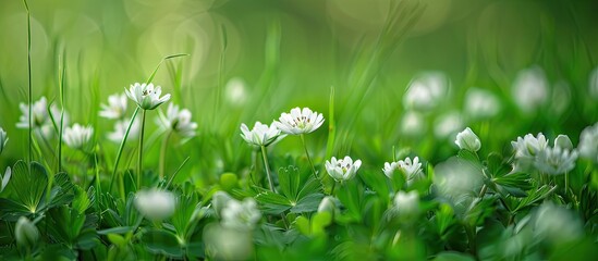 Aufkleber - Spring is here showcasing lovely white flowers against a backdrop of lush green grass with ample copy space image