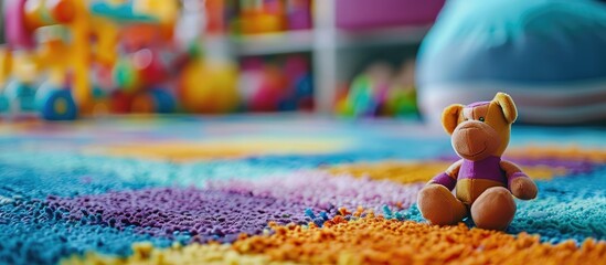 Aufkleber - Toys for children displayed on a colorful carpet with copy space image