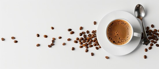 Aufkleber - A white background displays a cup of coffee surrounded by beans accompanied by a spoon providing copy space image