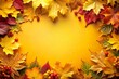 © DruZhi Art - Yellow Background with Colorful Autumn Leaves and Acorns