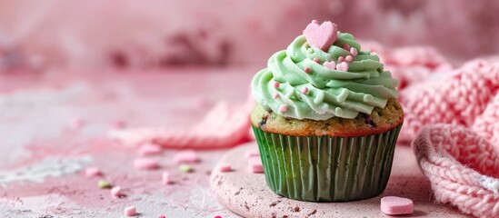 Poster - Homemade muffin on a pink coral stone surface with knitted hearts perfect for Saint Patrick s Day with room for a copy space image