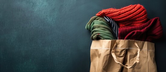 Aufkleber - Flatlay of a paper bag containing clothes on a grey background with top view perspective ideal for shopping concepts showcasing copy space image