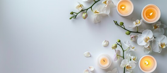 Poster - Setting the scene for a spa session with candles and orchids on a white background in a top view frame with ample copy space image