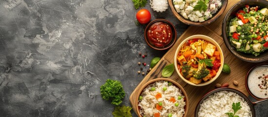 Leinwandbilder - Wooden board showcasing bowls filled with delicious boiled rice vegetables and a copy space image