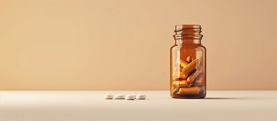 Aufkleber - Glass bottle and pills arranged neatly on a light background with ample copy space image