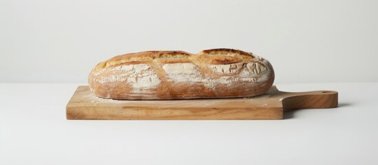 Poster - A loaf of bread displayed on a cutting board with a plain white background suitable for a copy space image