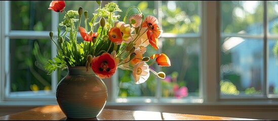 Aufkleber - A vase with a vibrant mix of spring and summer flowers including red poppies sits on a table in the living room s dining area next to a window with room for a photo. Creative banner. Copyspace image