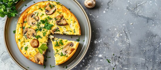 Poster - Italian frittata a savory dish similar to an omelette made with cheese herbs and fried mushrooms served on a plate with a copy space image
