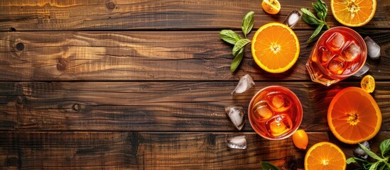 Wall Mural - Wooden background with Aperol cocktails and ingredients displayed creating a visually appealing copy space image