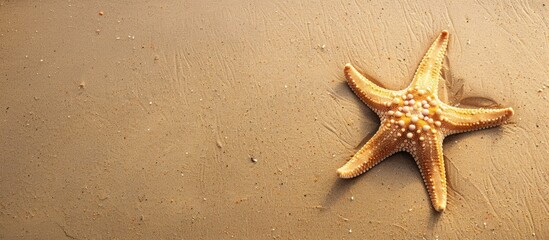 Poster - Top view of a stunning starfish on sandy beach with space for text in the image. Creative banner. Copyspace image