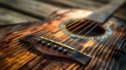 Close up of acoustic guitar on wood background