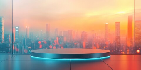 Canvas Print - Illuminated Platform with Cityscape View and Sunset Glow