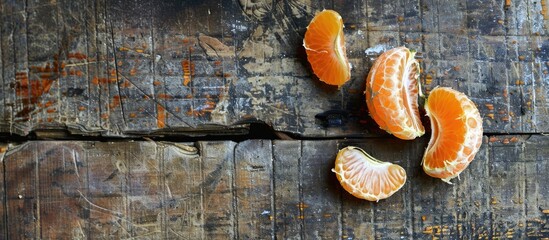 Wall Mural - Tangerine peel displayed on a rustic wooden table with copy space image