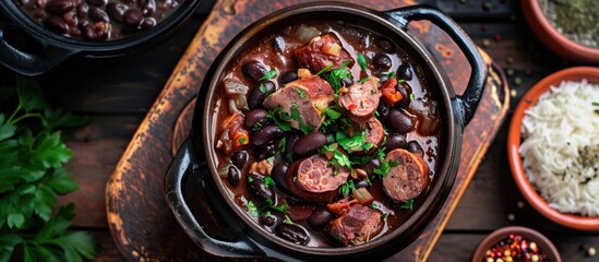 Aufkleber - Top view of Feijoada a traditional Brazilian dish made with black beans pork and sausage with copy space image available for text or graphics