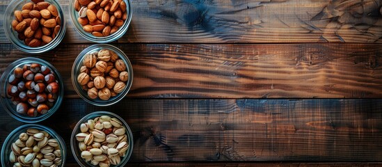 Poster - Various nuts displayed on a wooden surface in glass containers shot from above with space for text or graphics Emphasizing the idea of a nutritious diet with assorted nuts. Creative banner