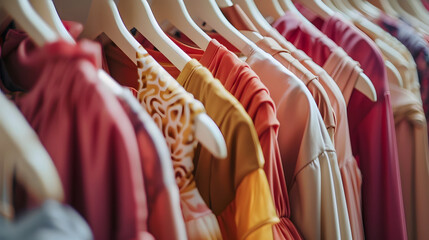 Row of women s attire on white hangers