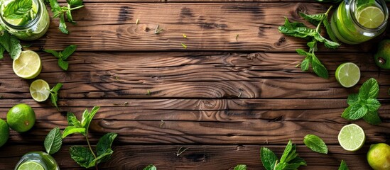 Poster - Rustic wooden background with a Mojito cocktail and its ingredients leaving room for copy space image