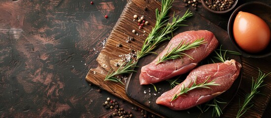 Wall Mural - Fresh poultry meat raw duck breast ready to be cooked a healthy meal or snack option on a rustic table background with ample copy space image for food presentation from a top view perspective