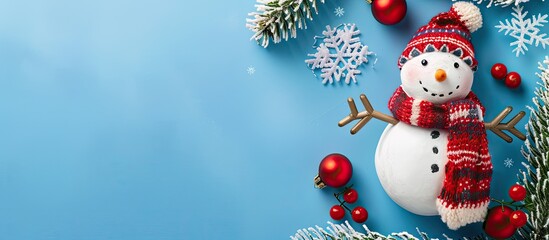Poster - Snowman Christmas decoration set on a blue backdrop with space for adding images. Creative banner. Copyspace image