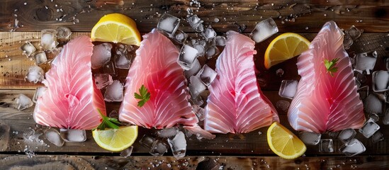 Aufkleber - Four raw tilapia fish tails with pink fins arranged on a wooden table served with ice lemon and bright colors in album orientation with a copy space image