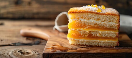 Canvas Print - Selective focus on a Three Layers Rich Egg Yolk Cake with Jam between them Spiku or Lapis Surabaya Incorporates a copy space image for content