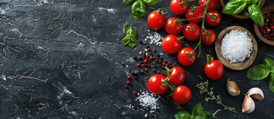 Poster - Materials to prepare cherry tomatoes salt herbs and spices displayed on a dark concrete backdrop with available copy space image